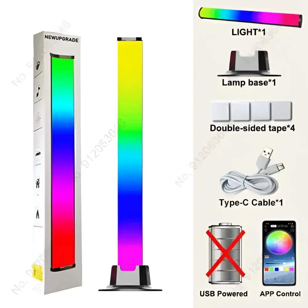 A sleek tall minimalist rainbow led floor lamp with vibrant gradient colors and modern minimalist design for desktop use