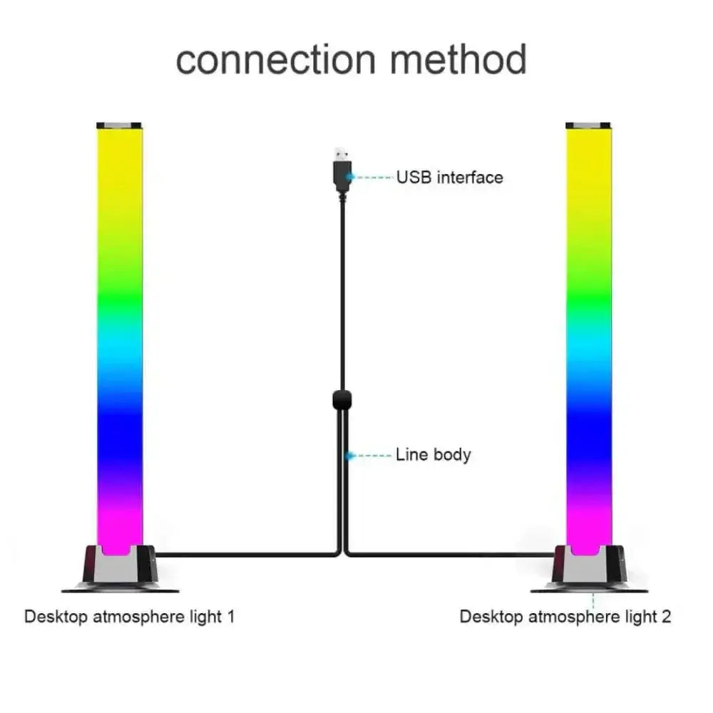 Two minimalist rainbow led desktop lights with vertical rectangular design and black usb interface cables