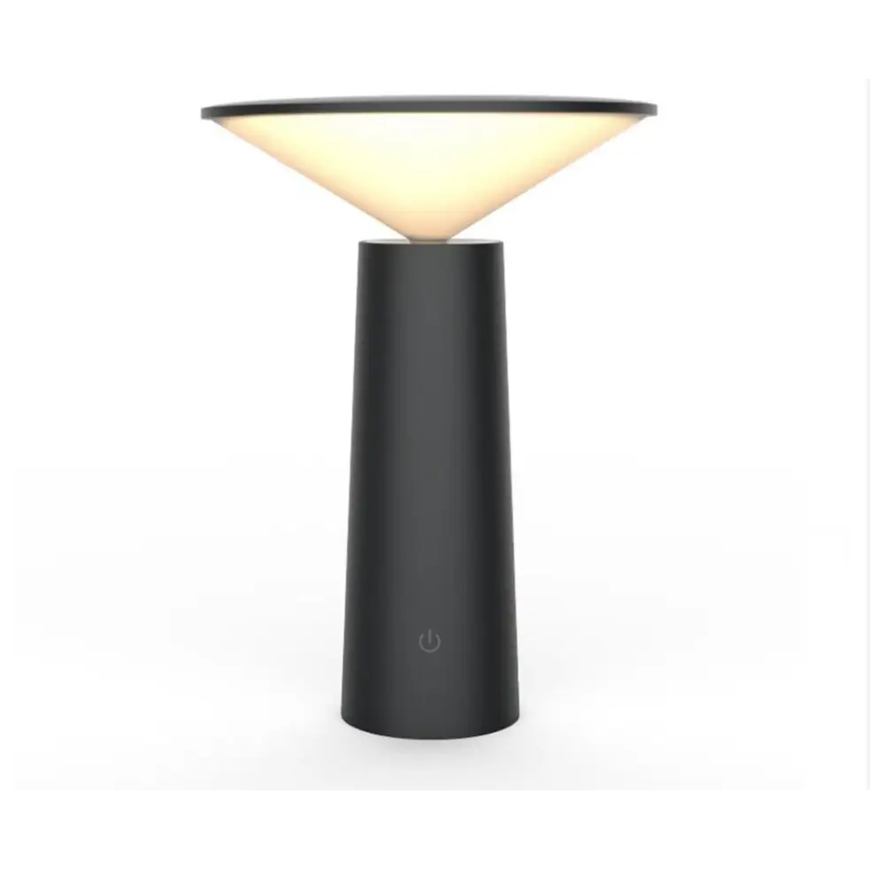 Black cylindrical minimalist touch table lamp usb led with conical beige light diffuser and soft glow