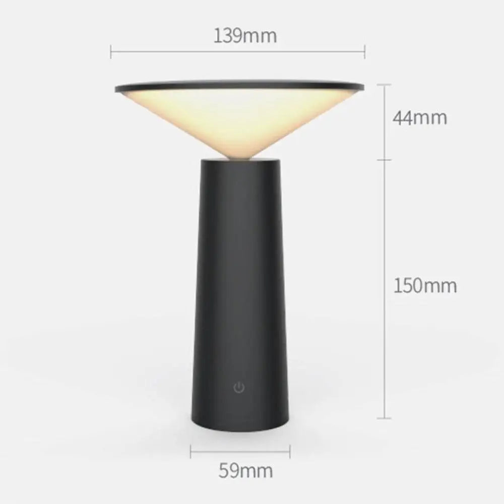 Black cylindrical minimalist touch table lamp usb led with conical beige light diffuser providing soft glow