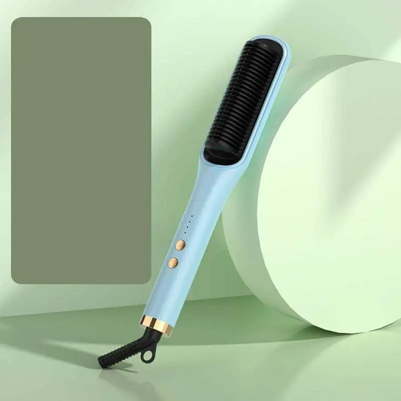Mint green anion hair care electric straightener comb with light blue and black body and gold accent buttons for sleek styling