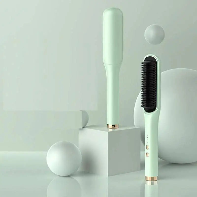 Mint green anion hair care electric straightener comb with black bristles and gold accents for effective care electric straightener use