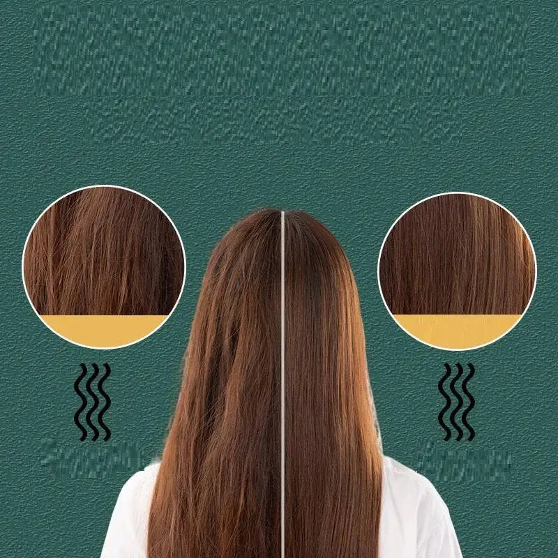 A person with smooth chestnut brown hair using a mint green anion hair care electric straightener comb