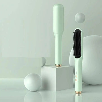 Mint green anion hair care electric straightener comb with black bristles and gold accents for effective hair styling