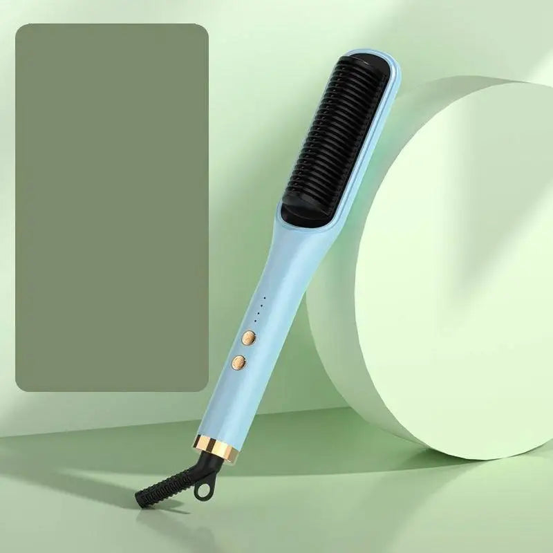 Light blue anion hair care electric straightener comb with black bristles and gold accents for effective hair styling