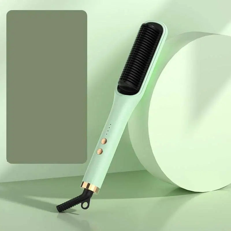 A sleek mint green anion hair care electric straightener comb with black bristle head and gold accents for hair styling