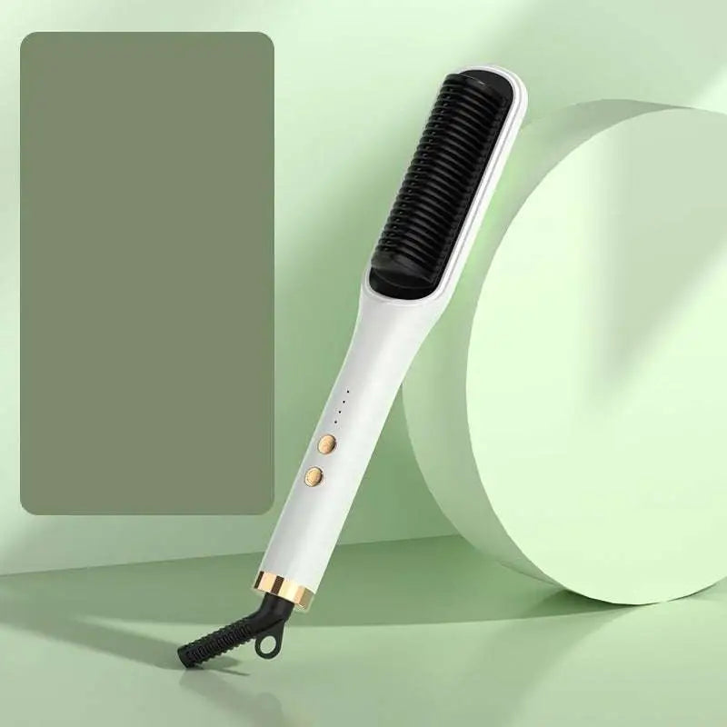 White and gold anion hair care electric straightener comb with black comb attachment for effective hair styling