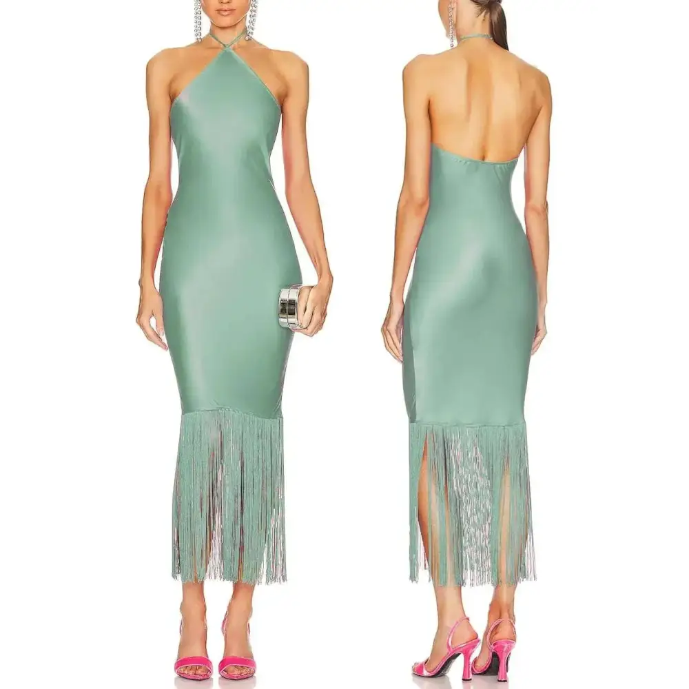 A sleek mint green fringe sleeveless satin halter-neck midi dress with a fitted silhouette and fringe hem detailing
