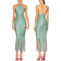 A sleek mint green fringe sleeveless satin halter-neck midi dress with a fitted silhouette and fringe hem detail