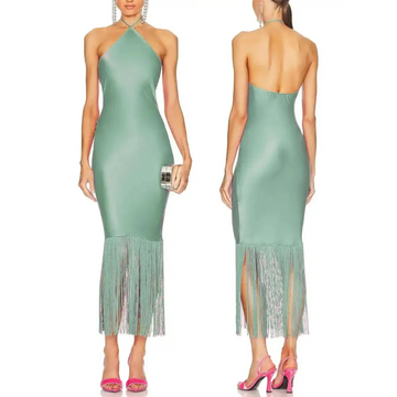 A sleek mint green fringe sleeveless satin halter-neck midi dress with a fitted silhouette and fringe hem detail