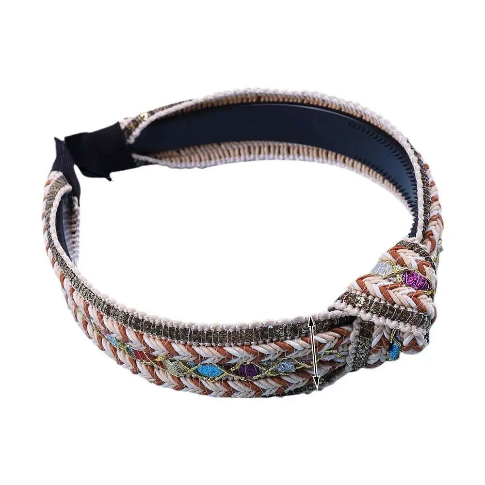 Mint green knotted hair accessories bohemian woven braided headband with beige brown black fabric and colorful gemstone accents