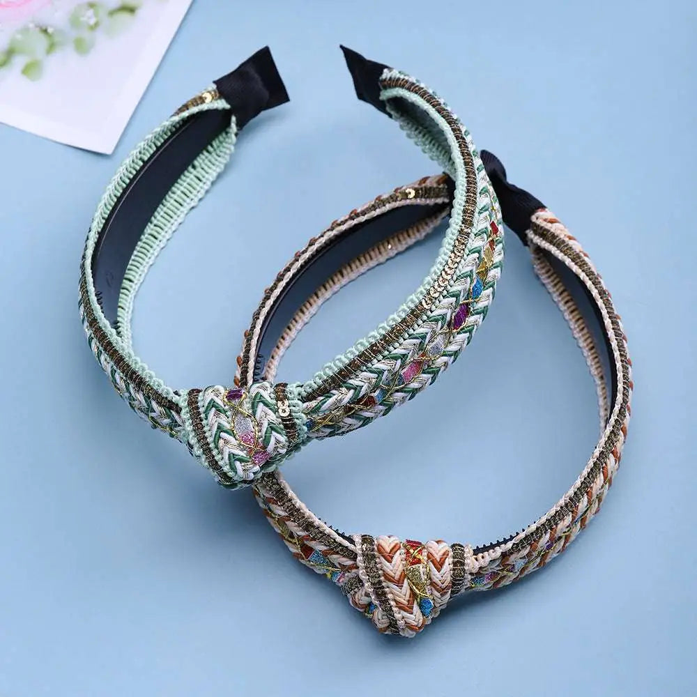 Mint green knotted hair accessories bohemian woven headband with gold beading sequins and intricate knotted design