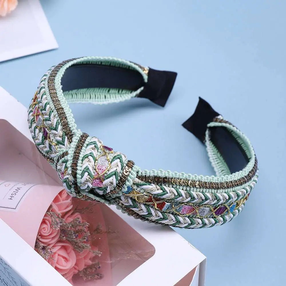 Mint green knotted hair accessories bohemian woven headband with braided design, rhinestones, gold accents, and black satin bow