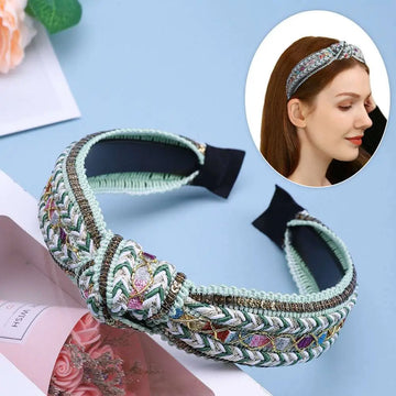 Mint green knotted hair accessories bohemian woven headband with gold beading sequins and intricate knotted design