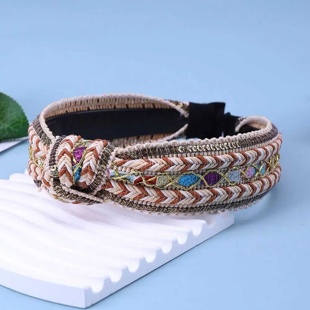 Beige and brown woven headband with colorful gemstone accents as knotted hair accessories bohemian style