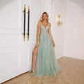 A delicate mint green lace evening dress with intricate silver floral embroidery and a high slit for women
