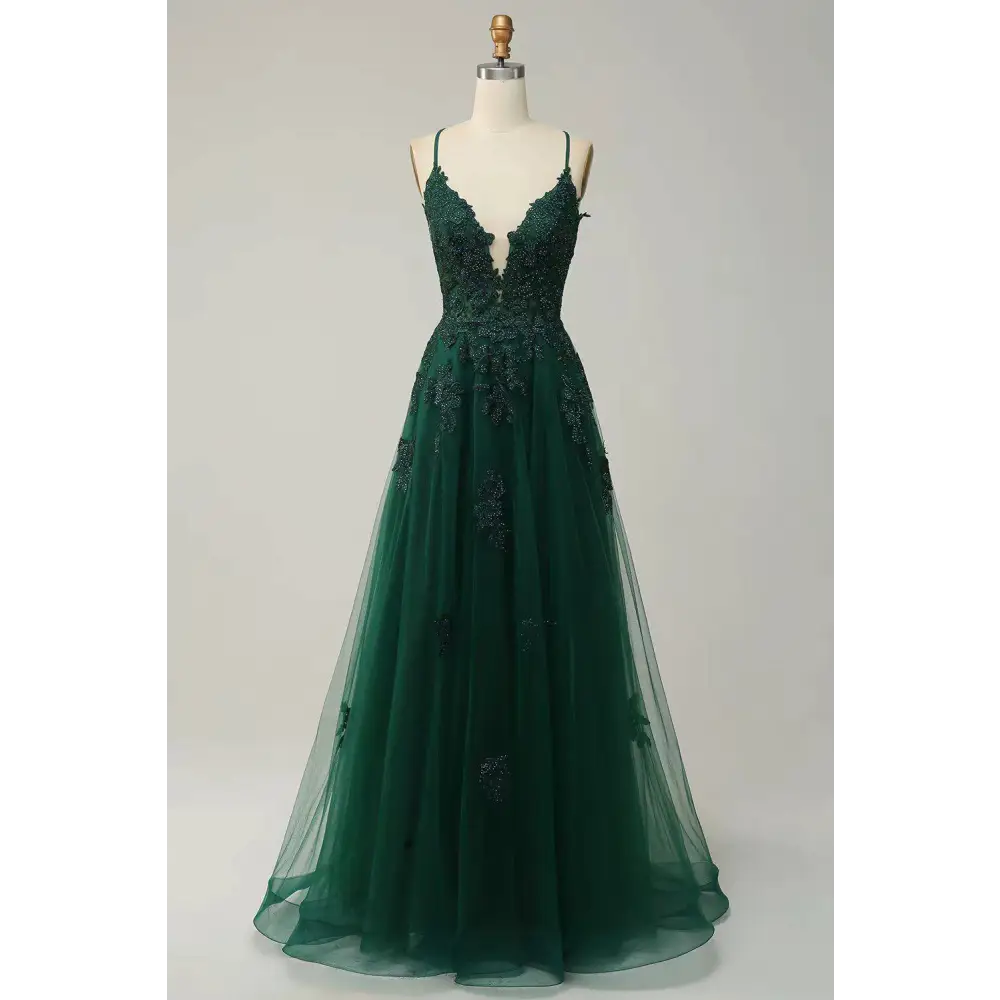 Mint green lace women evening dress with slit featuring delicate floral embroidery and a flowing tulle skirt