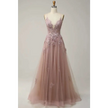 A delicate blush pink lace appliqué gown with v-neckline and sheer tulle crafted alongside mint green lace women evening dresses with slit