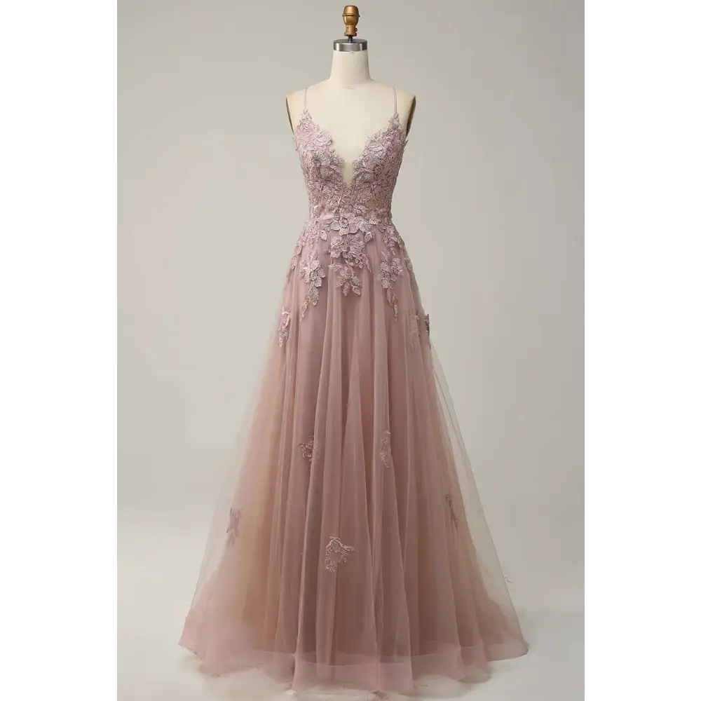 A delicate blush pink lace appliqué gown with v-neckline and sheer tulle crafted alongside mint green lace women evening dresses with slit