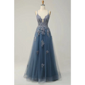A delicate mint green lace women evening dress with floral embroidery, thin straps, and a flowing tulle skirt with slit