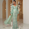 Mint green long sleeve sexy sequined evening dress with shimmering fabric and a flowing train for formal occasions