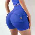 Bright blue high-waisted celebrity nude feel workout shorts with buttoned feel pocket for yoga and activewear