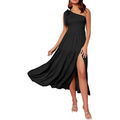 Black one-shoulder maxi dress with tiered ruffles and a high slit contrasted with a mint green pleated layered hem split dress