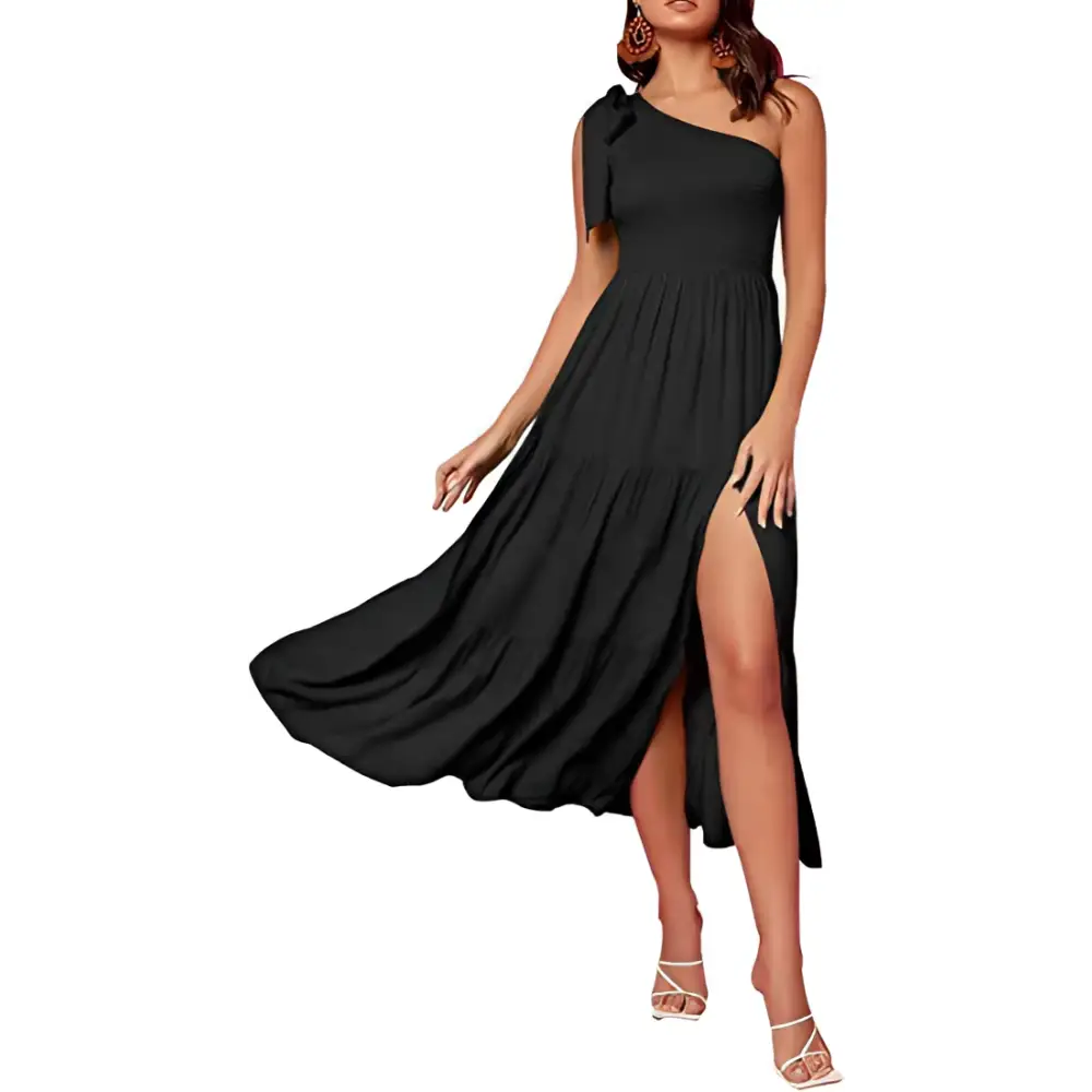Black one-shoulder maxi dress with tiered ruffles and a high slit contrasted with a mint green pleated layered hem split dress