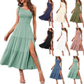 Mint green one-shoulder tiered midi dress with pleated layered hem, lace bodice, and high slit for elegant occasions