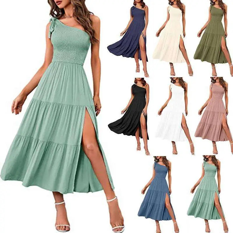 Mint green one-shoulder tiered midi dress with pleated layered hem, lace bodice, and high slit for elegant occasions
