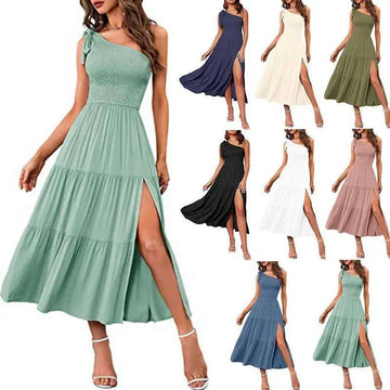 Mint green one-shoulder tiered midi dress with pleated layered hem, lace bodice, and high slit for elegant occasions