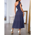 Navy blue one-shoulder tiered maxi dress with bow detail paired with mint green pleated layered hem split dress