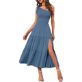 A blue one-shoulder tiered midi dress with a high slit and ruffled pleated layered hem in mint green tone