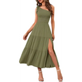 Mint green tiered midi dress with pleated layered hem one-shoulder design and side slit in olive green fabric