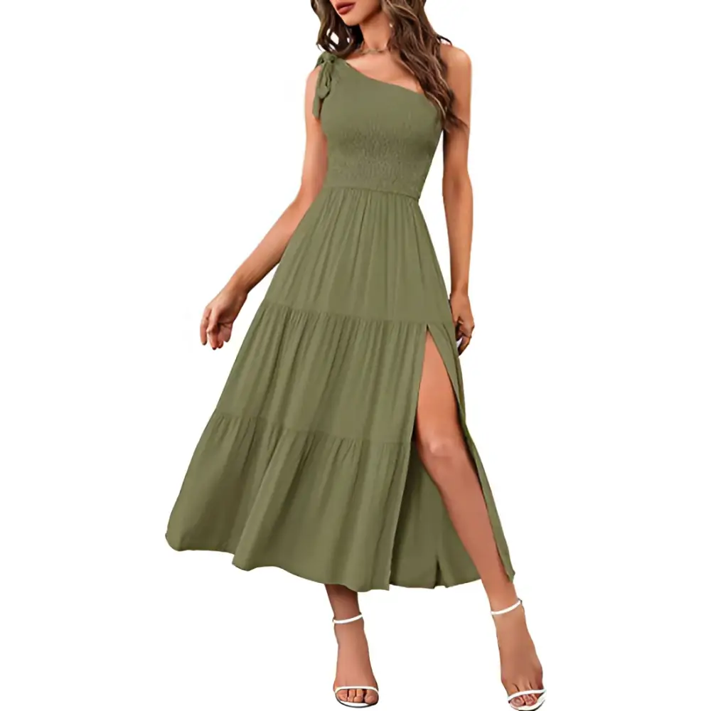 Mint green tiered midi dress with pleated layered hem one-shoulder design and side slit in olive green fabric