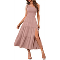 A soft dusty rose tiered maxi dress with one-shoulder design and ruched bodice alongside a mint green pleated layered hem split dress