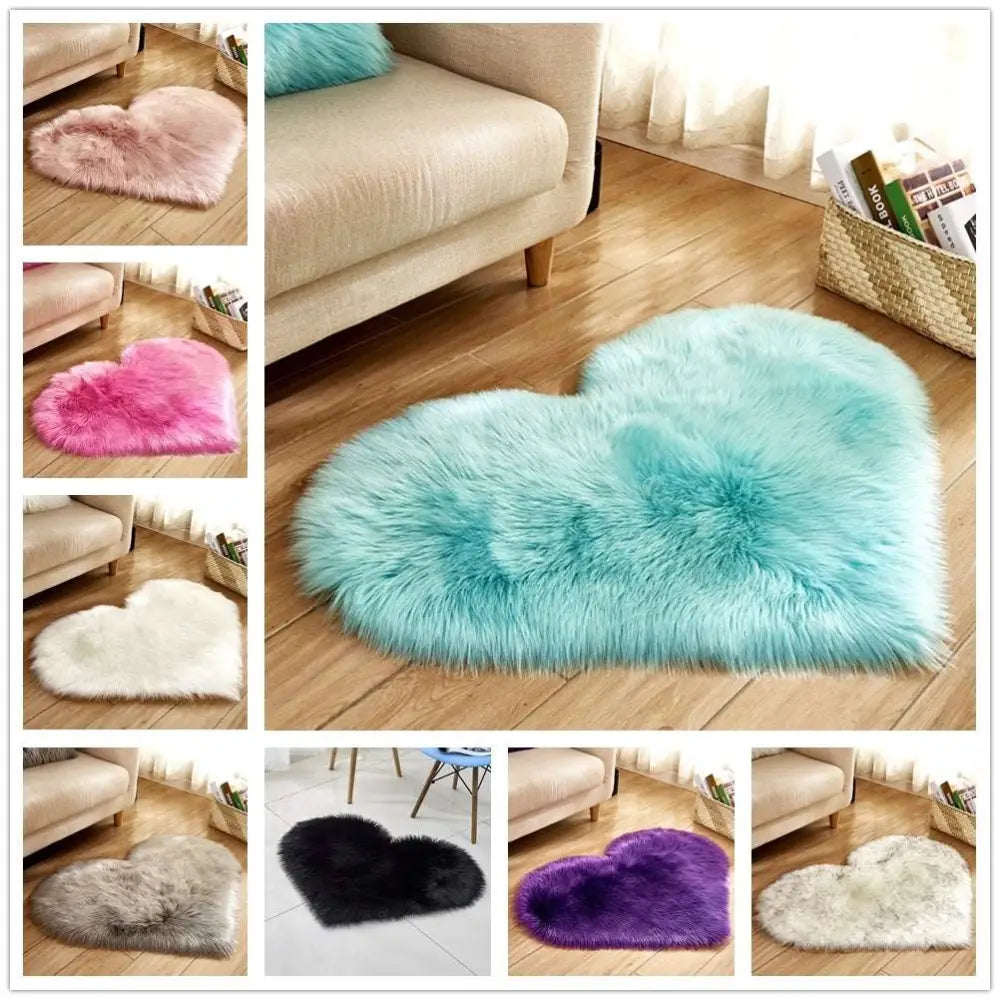 A plush heart shaped living room rug in mint green with long fluffy faux fur texture for cozy decor
