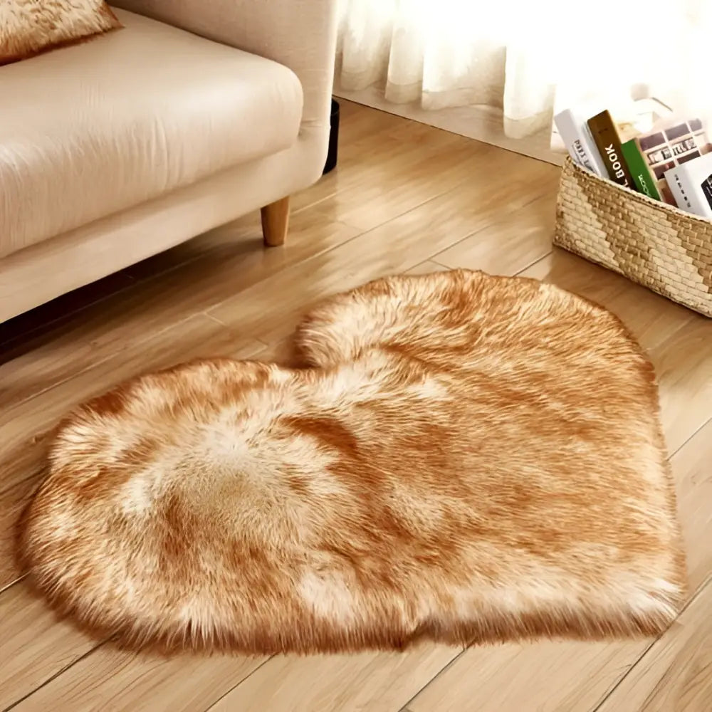 Mint green plush heart shaped living room rug with plush faux fur texture in shades of brown and beige
