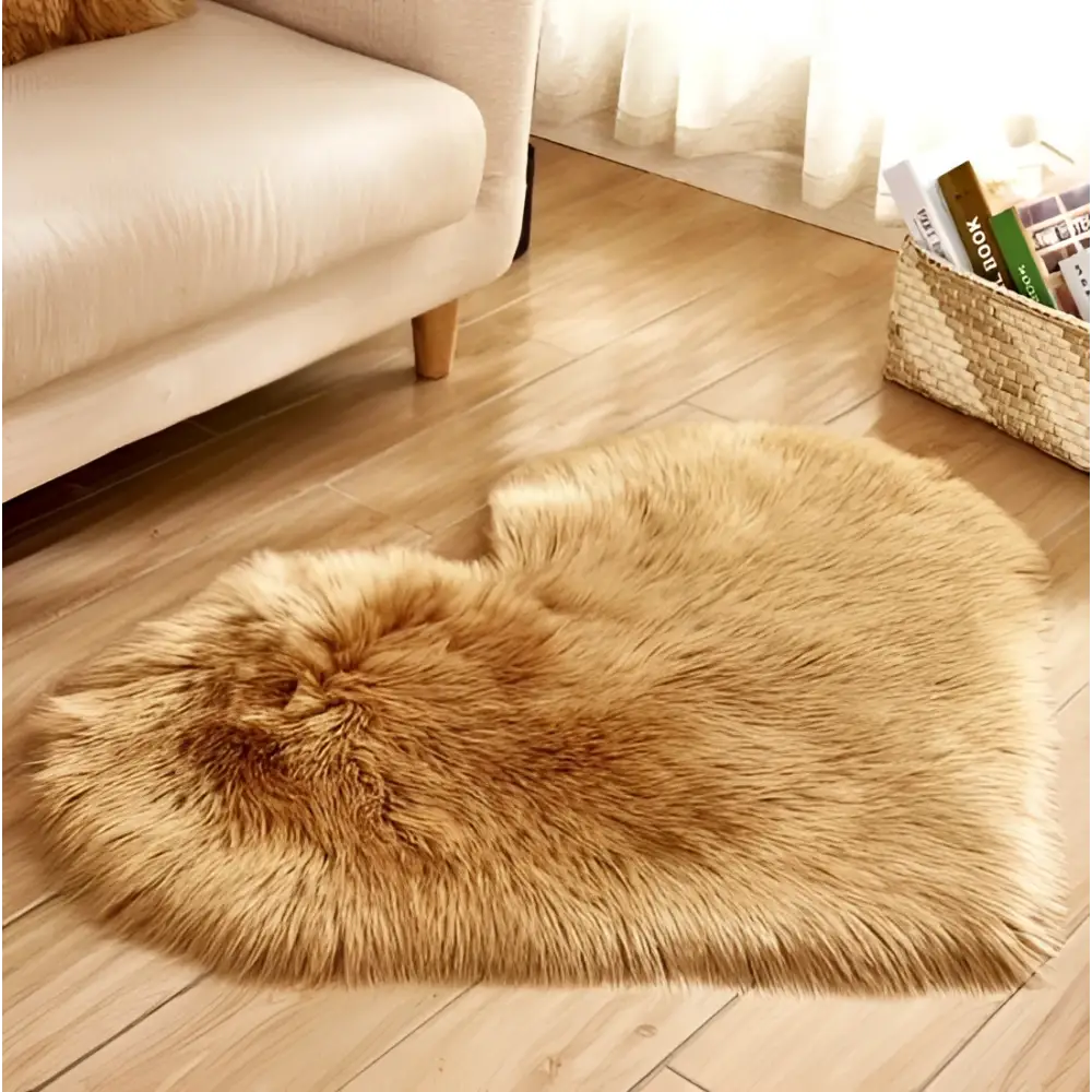 A plush heart shaped living room rug in golden brown faux fur complementing a mint green plush decor