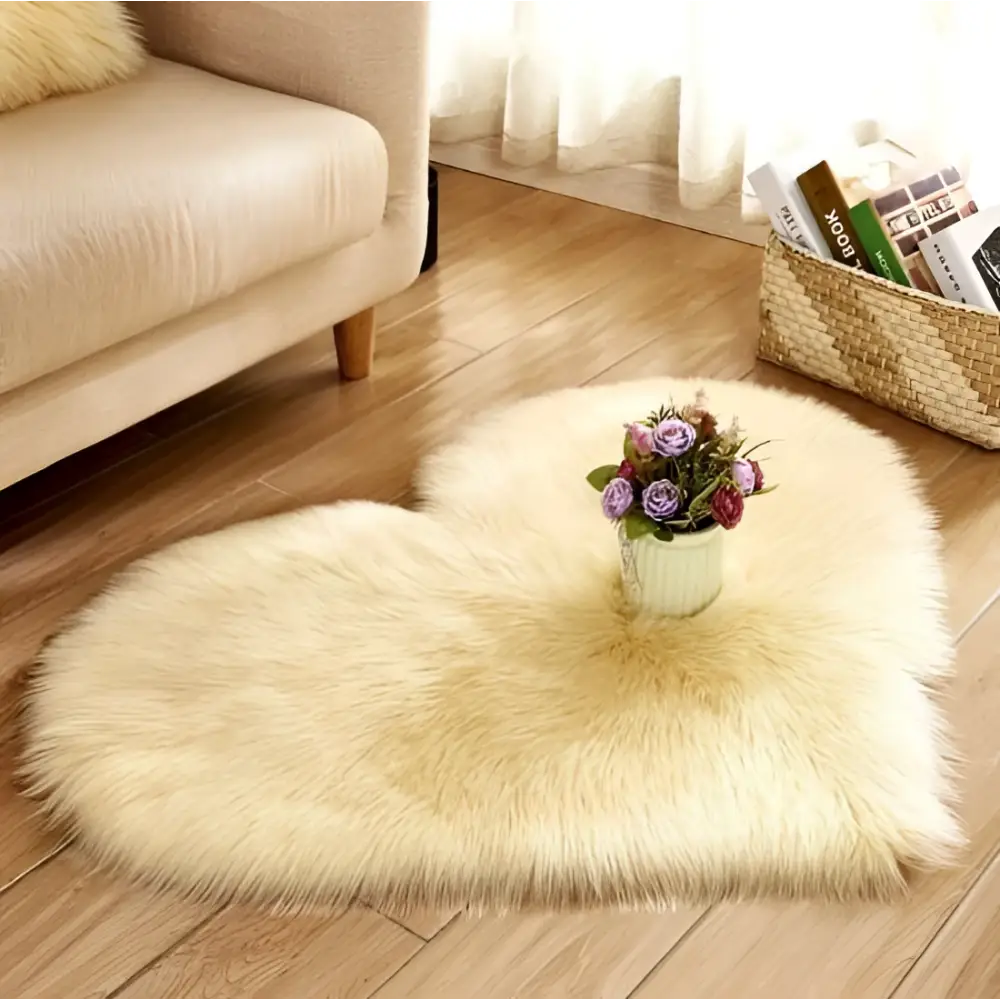 Cream-colored plush heart shaped living room rug with small floral arrangement on mint green plush background