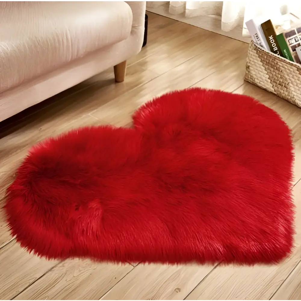 A plush heart shaped living room rug with soft fluffy texture in vibrant red contrasting with mint green plush decor