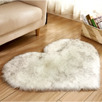 Fluffy white and gray faux fur plush heart shaped rug for living room with mint green plush accents