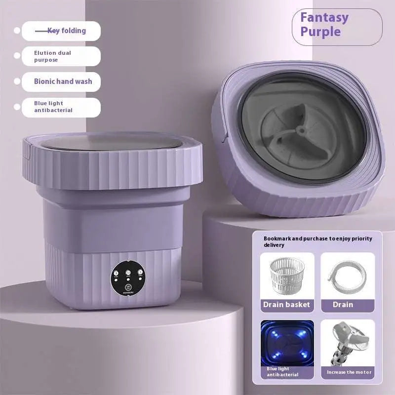Fantasy purple foldable mini washing machine with ribbed plastic body and transparent lid for efficient folding washing