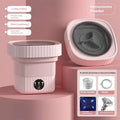 Pink ribbed plastic portable folding washing machine with circular control panel and transparent lid for efficient folding washing