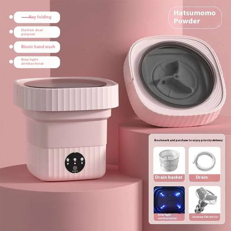 Pink ribbed plastic portable folding washing machine with circular control panel and transparent lid for efficient folding washing