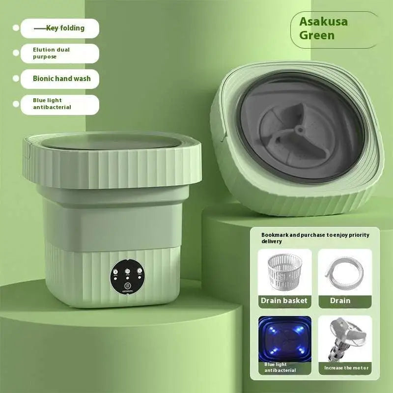 Mint green ribbed folding washing machine with transparent lid and plastic body for efficient folding washing