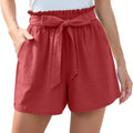 Red high-waisted shorts with gathered waistband and ruffle bow waist tie fabric detail in a mint green style