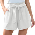White linen high-waisted shorts with ruffle bow waist tie and front pockets in a mint green shade