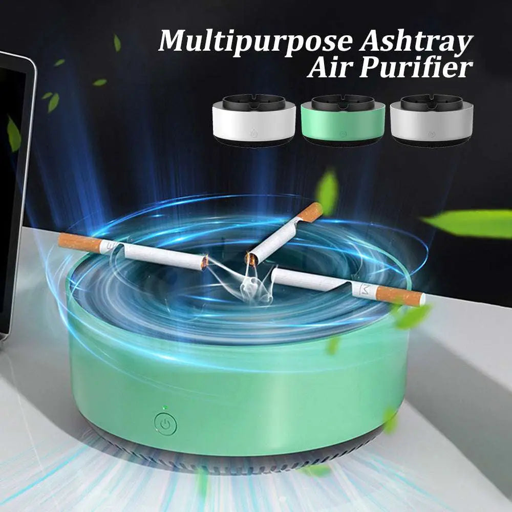 Mint green cylindrical multipurpose air purification ashtray with sleek modern design and black accents for smoke removal air