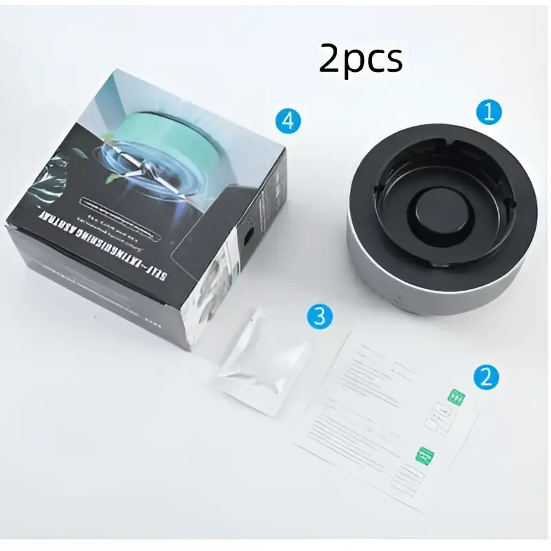 Black and silver cylindrical air purification ashtray with matte finish designed for green smoke removal and smoke removal air